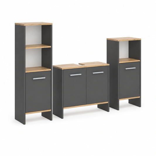 Ensemble de meubles de salle de bain, en chêne, coloris anthracite et doré, pour la salle de bain