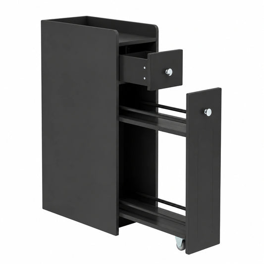 Armoire, avec rangement, avec tiroirs, sur roulettes, coloris noir, pour la chambre